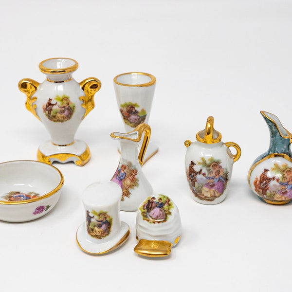 Selection of vintage Limoges porcelain miniatures, France, white collection part II: hat, cap, pitchers, vases, Fragonard decor