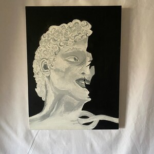 May include: A black and white painting of a bust of a person with curly hair. The bust is broken and the person's face is partially obscured.