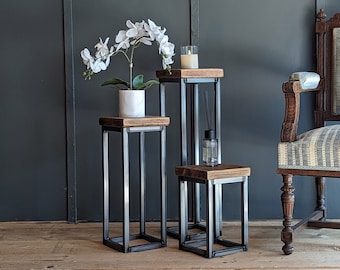 Unique PLANT STANDS + display side tables - Handmade with reclaimed wood and steel, hallway decor and side tables