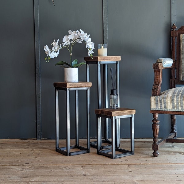 Unique PLANT STANDS + display side tables - Handmade with reclaimed wood and steel, hallway decor and side tables