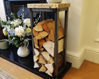 Handmade LOG STORE & Kindling Holder - Industrial style side table with log holder - reclaimed wood and steel