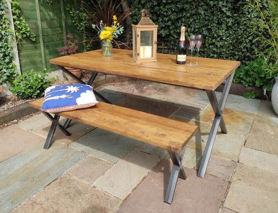 Industrial Style Garden Table and Benches Farmhouse Style