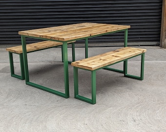 Green Frame Table and Benches - Green steel frame and solid reclaimed wood - rustic table and bench - Pub and Restaurant tables