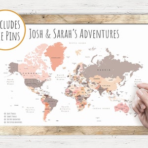 PERSONALISED PIN MAP, World Travel Pin Map, Customised Print, Gift for her, Natural Boho Colours, Unique Gift