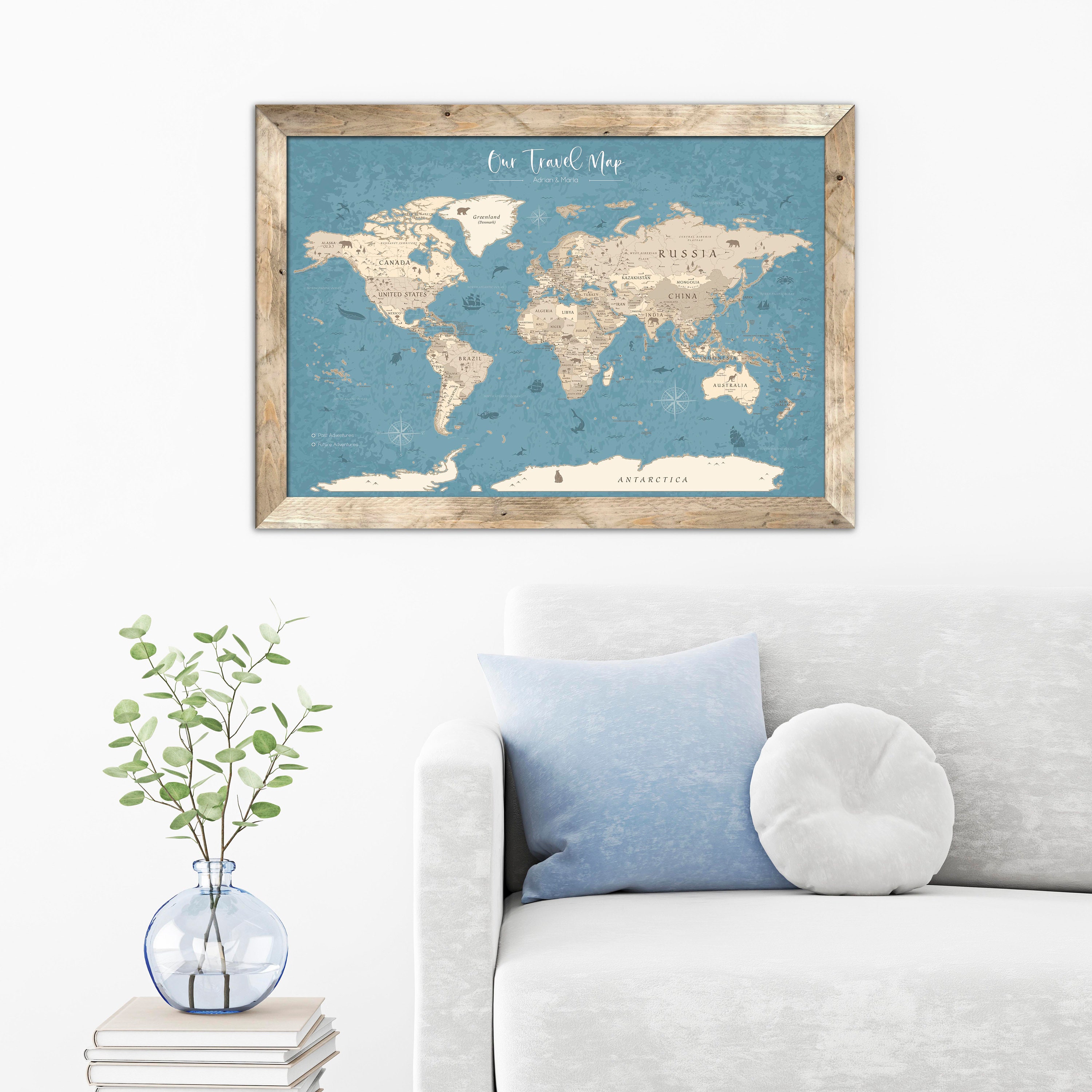 WORLD PIN MAP Blue World Map Push Pin Framed Push Pin Map Etsy UK