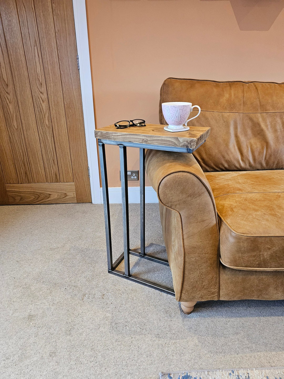 Bespoke Overarm SOFA TABLE Armchair Table Dark Oak, Reclaimed Wood and Steel Handmade Furniture