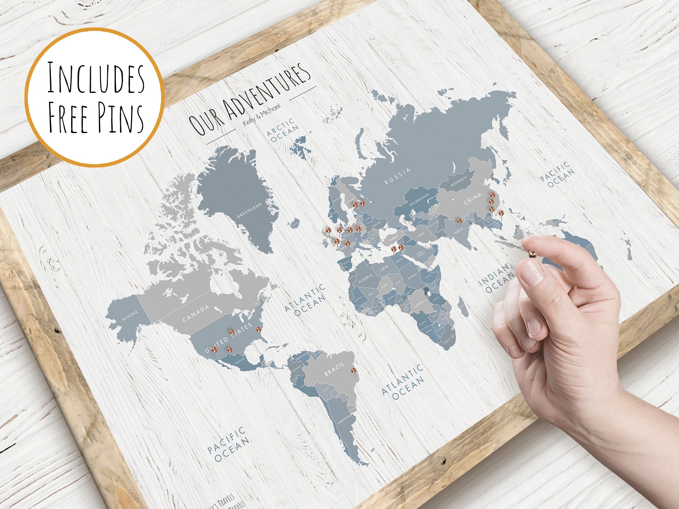 WORLD PIN MAP World Map Push Pin Grey Blue Framed Push Etsy UK
