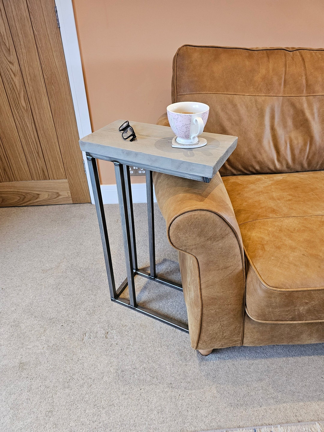 Bespoke Overarm SOFA TABLE Armchair Table Light Grey Reclaimed Wood and Steel Handmade