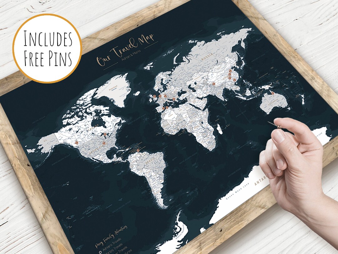 WORLD PIN MAP Blue World Map Push Pin Framed Push Pin Map Etsy UK