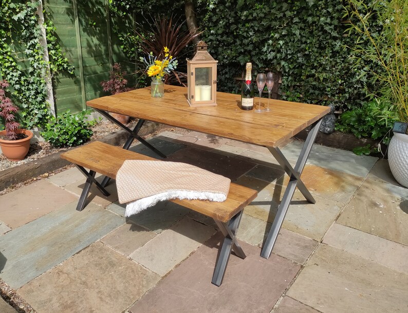 Industrial Style Garden Table and Benches Farmhouse Style Etsy UK