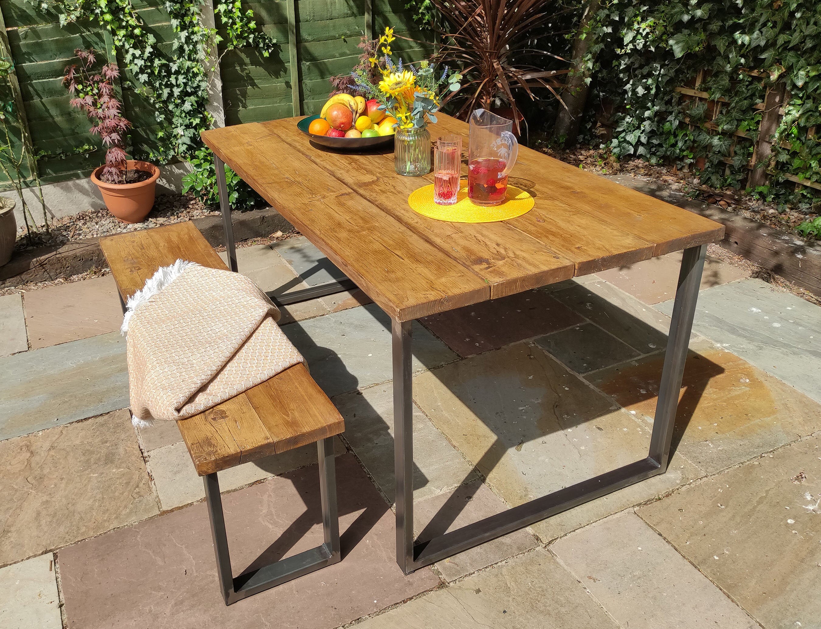 Industrial Style Garden Table and Benches Farmhouse Style
