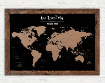 WORLD PIN MAP, Push Pin Travel Map - Gift for Him, Personalised Map, Framed push pin map, Travel map with pins