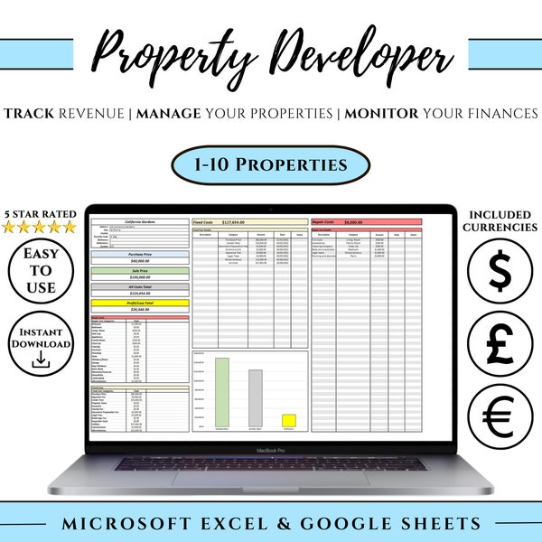 Foglio di calcolo per sviluppatori immobiliari 1-10 / Gestione della proprietà / Monitoraggio di entrate e spese / Capovolgimento della casa / Facile da usare / Excel / Fogli Google