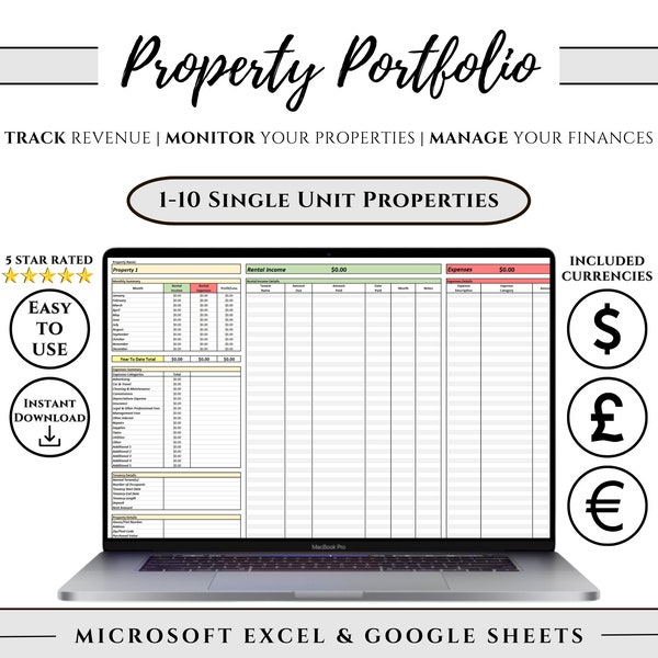 Property Portfolio Spreadsheet 1-10 | Rental Property Management | Income and Expense Tracking | Landlord | Easy Use | Excel | Google Sheets