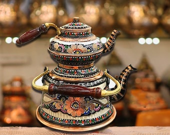 Ręcznie robiony, autentyczny miedziany turecki zestaw do parzenia herbaty
