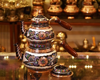 Ręcznie robiony, autentyczny miedziany turecki zestaw do parzenia herbaty