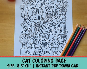 Cute, Fun Cats Coloring Page, Instant Download PDF