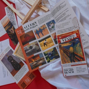 May include: A brochure for a special exhibition of Edvard Munch's art at the La Biennale di Venezia 2000. The brochure features a reproduction of Munch's famous painting "The Scream" and includes information about the artist and the exhibition. The text on the brochure reads "Screaming Venice" and "Special Exhibition Edvard Munch June 15th - November 2, 2000 Cavalli, Venice".