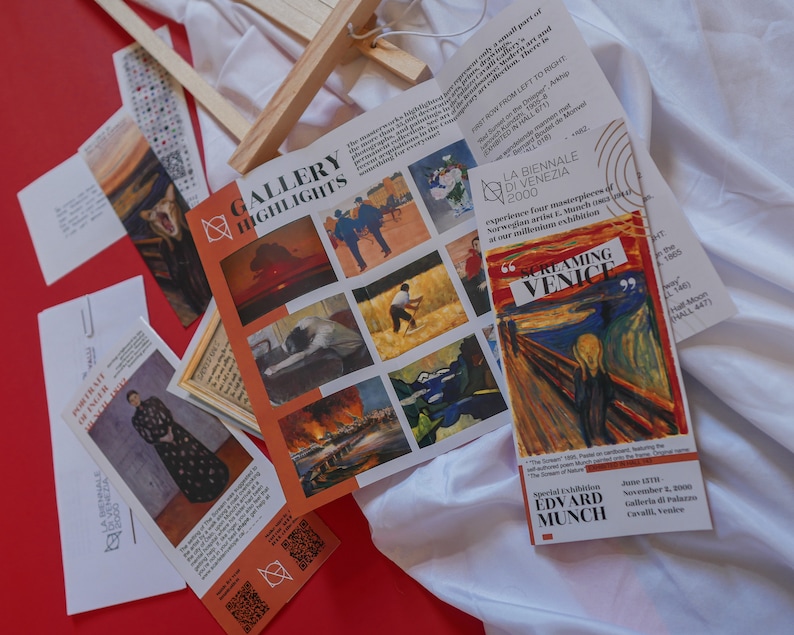 May include: A brochure for a special exhibition of Edvard Munch's art at the La Biennale di Venezia 2000. The brochure features a reproduction of Munch's famous painting "The Scream" and includes information about the artist and the exhibition. The text on the brochure reads "Screaming Venice" and "Special Exhibition Edvard Munch June 15th - November 2, 2000 Cavalli, Venice".