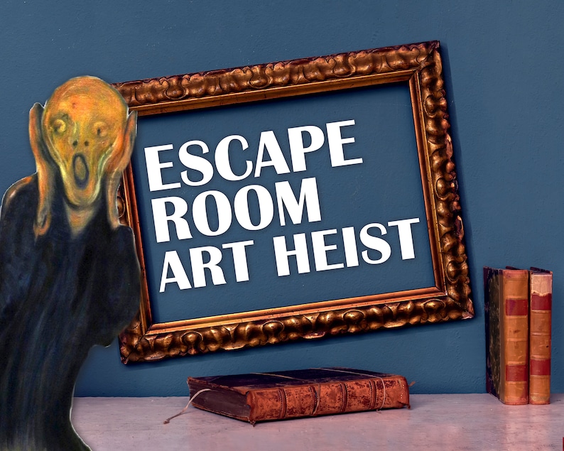 May include: A gold framed picture with the text "ESCAPE ROOM ART HEIST" in white letters. The picture is hanging on a blue wall. A painting of a person with their hands over their face is in the foreground.