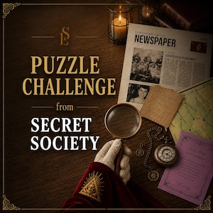 May include: A Puzzle Challenge from Secret Society game set featuring a magnifying glass, a vintage newspaper titled Extraordinary Weekly, a map, a pocket watch, and a purple invitation card, all displayed on a dark wooden surface.