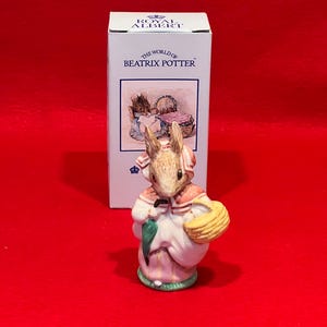 May include: A ceramic figurine of a rabbit wearing a bonnet and holding a basket and umbrella. The figurine is in front of a white box with the text "ROYAL ALBERT" and "THE WORLD OF BEATRIX POTTER". The figurine is on a red surface.