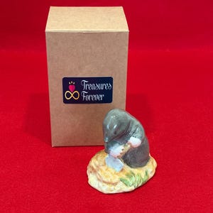 May include: A small ceramic mole figurine in shades of grey and white, depicted digging into a textured tan mound with green accents. Behind the figurine stands a rectangular brown cardboard box featuring a black label with the text Treasures Forever.