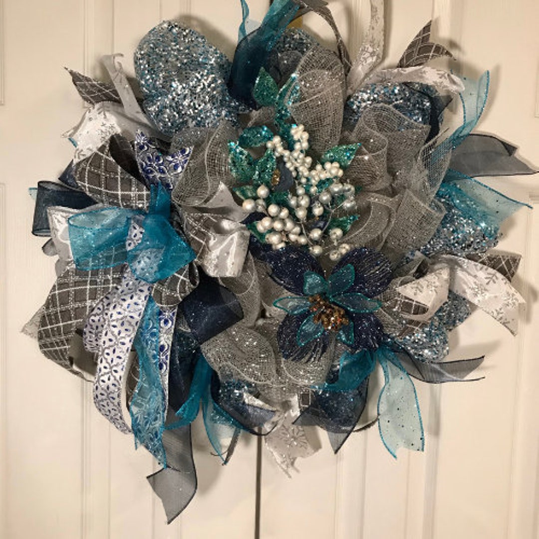 Blue and Gray Christmas Wreath, Blue Christmas Door Decor, Christmas ...