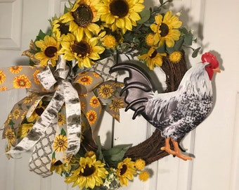 Grapevine rooster door wreath, Grapevine door decoration, Rooster door decoration,, Country door decor, sunflower door decoration