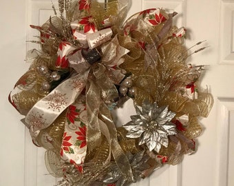 Gold and silver Christmas wreath, Christmas wreath, Christmas door decoration, Gold and silver Christmas door decoration, Gold wreath