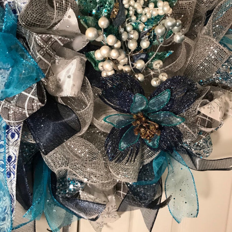 Blue and Gray Christmas Wreath, Blue Christmas Door Decor, Christmas ...