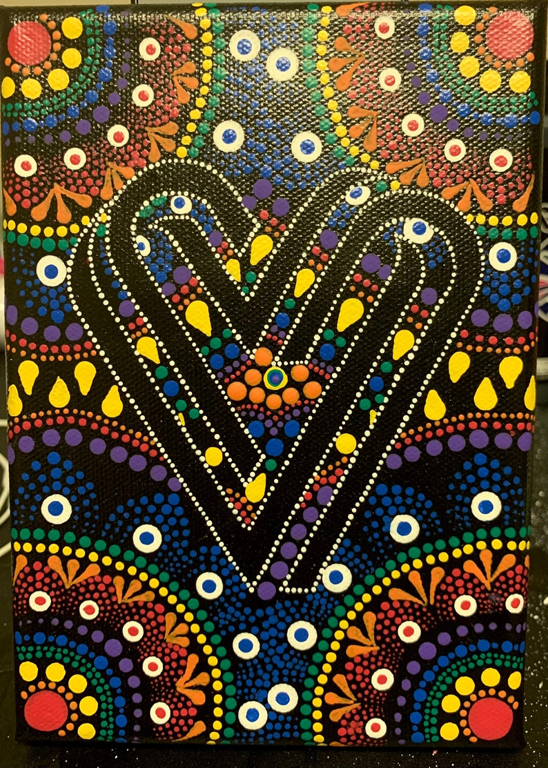 5x7 Hand Painted Rainbow Heart Dot Painting on Canvas
