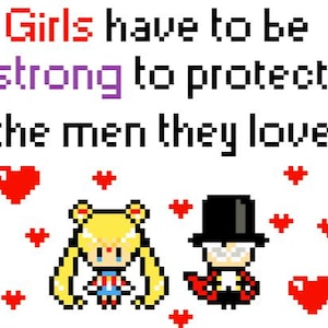Peut inclure: Illustration en pixel art de deux personnages, une femme aux cheveux blonds et un homme aux cheveux noirs, debout côte à côte. La femme porte une tenue bleue et rouge et l'homme porte un costume noir avec une cape rouge. Le texte "Girls have to be strong to protect the men they love" est écrit au-dessus des personnages.