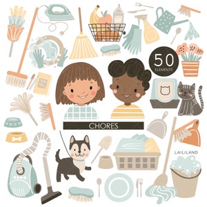 Clipart de corvée, clipart de corvées d'enfants, clipart de nettoyage, fichiers png de ménage, png de travaux ménagers, téléchargement numérique, usage personnel et commercial 001