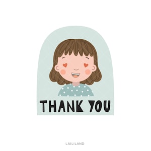 May include: A cartoon illustration of a girl with brown hair and blue eyes smiling with hearts in her eyes. The text "THANK YOU" is below the girl in black text. The background is a light blue color.
