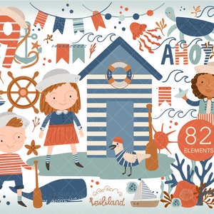 Clipart marynistyczny, clipart dla dzieci, clipart letni, clipart urodzinowy marynistyczny, clipart morski, pobieranie cyfrowe, użytek osobisty i komercyjny 023