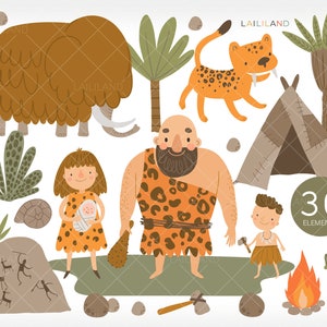 Imágenes prediseñadas de la edad de piedra, imágenes prediseñadas de la era prehistórica, familia de la edad de hielo png, mamut png, imágenes prediseñadas de hombre de las cavernas, descarga digital, uso personal y comercial 033