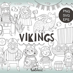 Wikinger Schwarzweiß Clipart, Wikinger Kid Doodle Clip Art, Wikinger Clipart, digitaler Download, persönlicher und kommerzieller Gebrauch