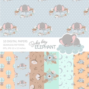 Digital paper baby boy, Baby elephant seamless patterns, Baby boy digital paper, Digital scrapbook, Personal & Commercial use 009