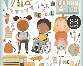 Back to School Clipart: Kids, School Bus, Teacher (Digital Download)
