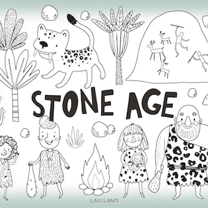 Imágenes prediseñadas en blanco y negro de la Edad de Piedra, imágenes prediseñadas de familia prehistórica, imágenes prediseñadas de garabatos de cavernícolas, descarga digital, uso personal y comercial 033