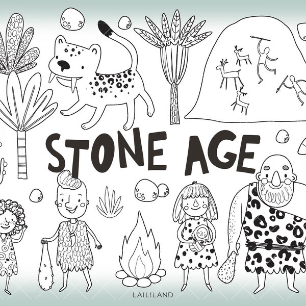 Steinzeit schwarz und weiß Clipart, prähistorische Familie ClipArt, Höhlenmensch Doodle Clipart, digitaler Download, persönliche und kommerzielle Nutzung 033