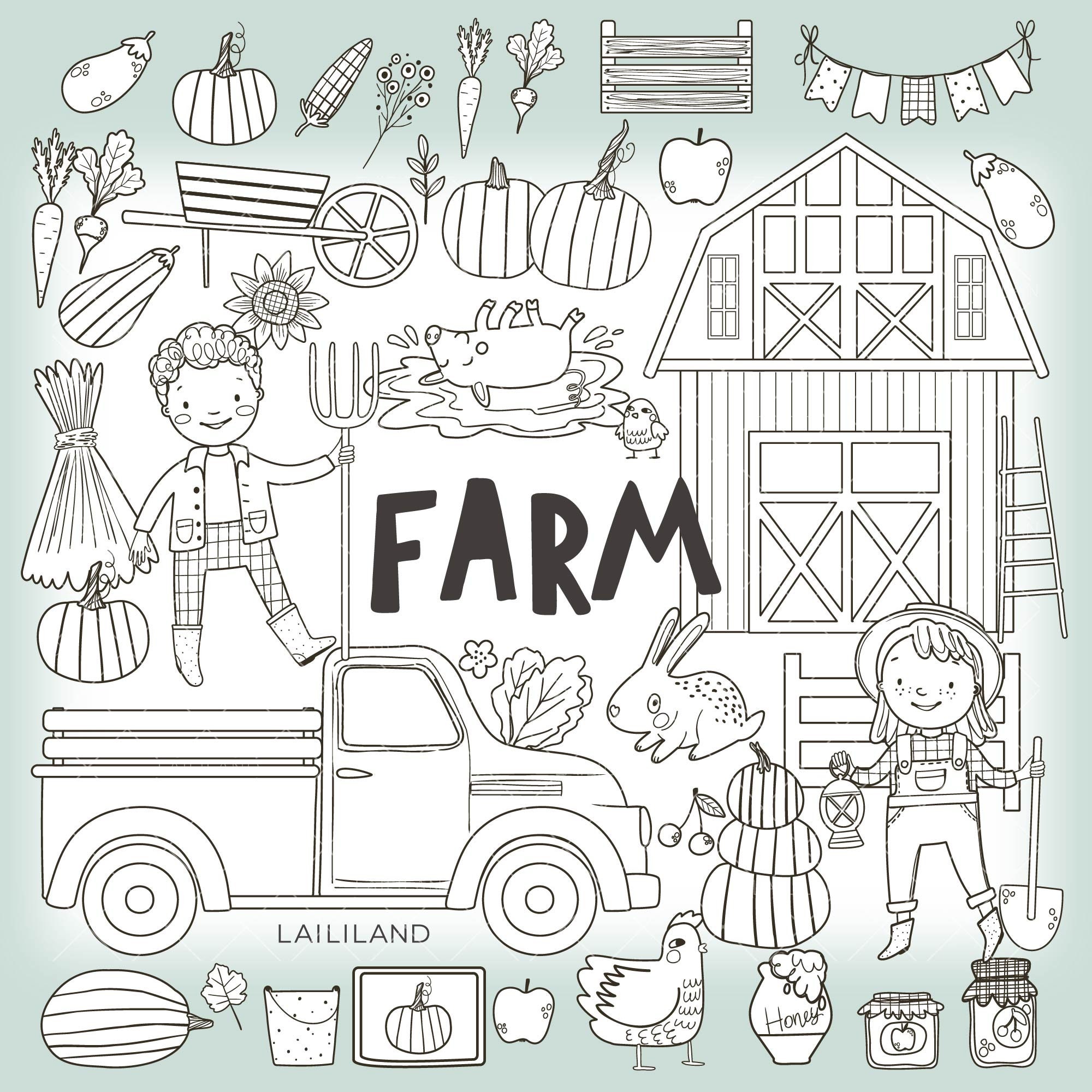 農場の白黒クリップアート：小さな農夫の線画（デジタルダウンロード） - Etsy 日本, image size:2000x2000