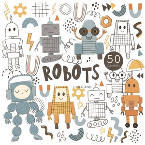 Robot clipart, cute hand drawn robots clip art, robot doodle clipart, digital download, Personal and Commercial use 040