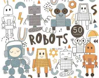 May include: A set of 50 robot illustrations in various styles and colors. The robots are drawn in a cartoon style with simple lines and shapes. The set includes robots with different body shapes, heads, and accessories. The illustrations are perfect for creating fun and whimsical designs for children's products, greeting cards, and more.