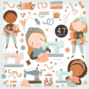 Sewing clipart, sewing machine png, sewing girl clipart, sewing accessories clipart, sewing machine clipart, Personal and Commercial use 001