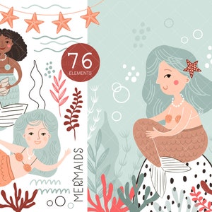 Imágenes prediseñadas de sirena, imágenes prediseñadas de mar, imágenes prediseñadas vectoriales de sirena linda, imágenes prediseñadas de océano, descarga instantánea, uso personal y comercial 024