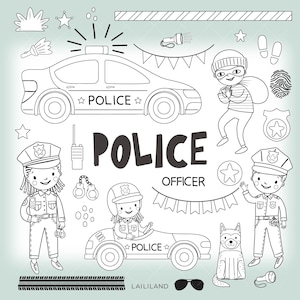 以下が含まれることがあります： 警察をテーマにした白黒イラスト。パトカー、警察官、泥棒、犬、手錠、星、そして「POLICE OFFICER」の文字が含まれています。イラストは漫画風です。