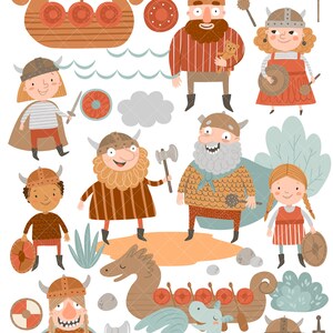 Może przedstawiać: Zestaw kolorowych kresk&oacute;wek przedstawiających postacie wiking&oacute;w, smoki, statki i inne powiązane obrazy. Ilustracje są w fantazyjnym stylu i charakteryzują się jasnymi kolorami i grubymi liniami.