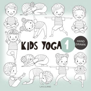 Clipart in bianco e nero di yoga per bambini, clipart di scarabocchi di pose yoga, disegno lineare di yoga per bambini, download digitale, uso personale e commerciale 001